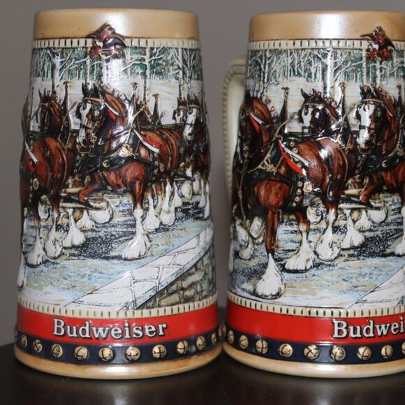 Vintage 1988 Budweiser Clydesdale Collector's Series Holiday Beer Stein Mug Set - Picture 2 of 5